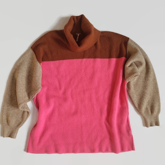 Free People Color Block Turtleneck Sweater in Pink Brown Tan - Picture 5 of 10